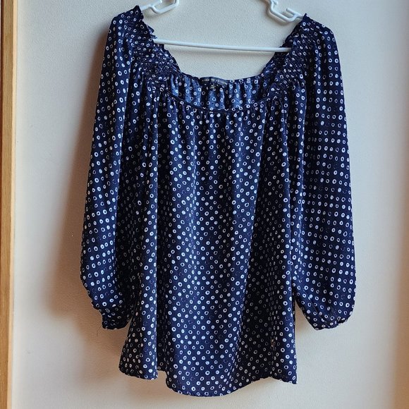 Adrienne Vittadini Blue/White Micro Print Blouse Size Large - Picture 6 of 16